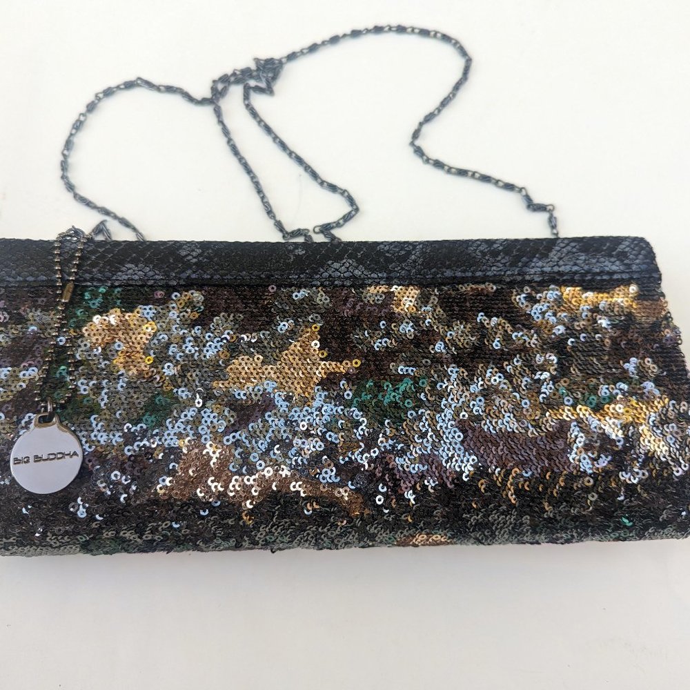 Big Buddha Sequin Camo Metallic Clutch with Optional Long Chain